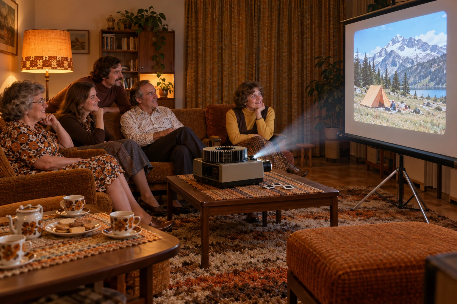 A family watches projected holiday slides; AI illustration