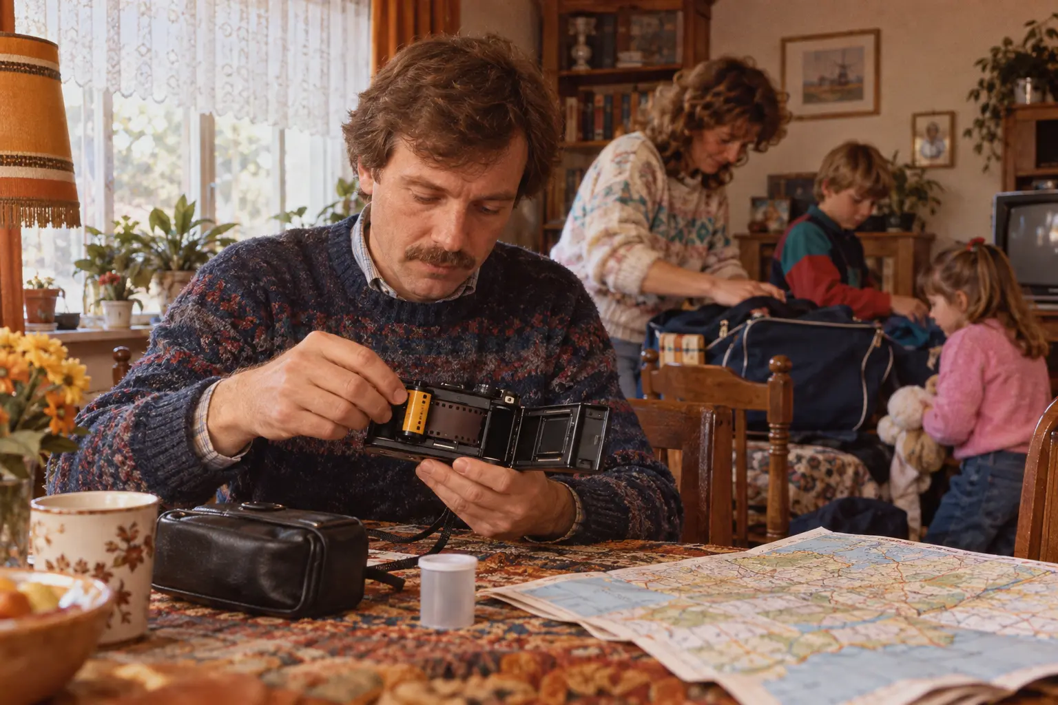 Een man legt een fotorolletje in een camera voor de vakantie