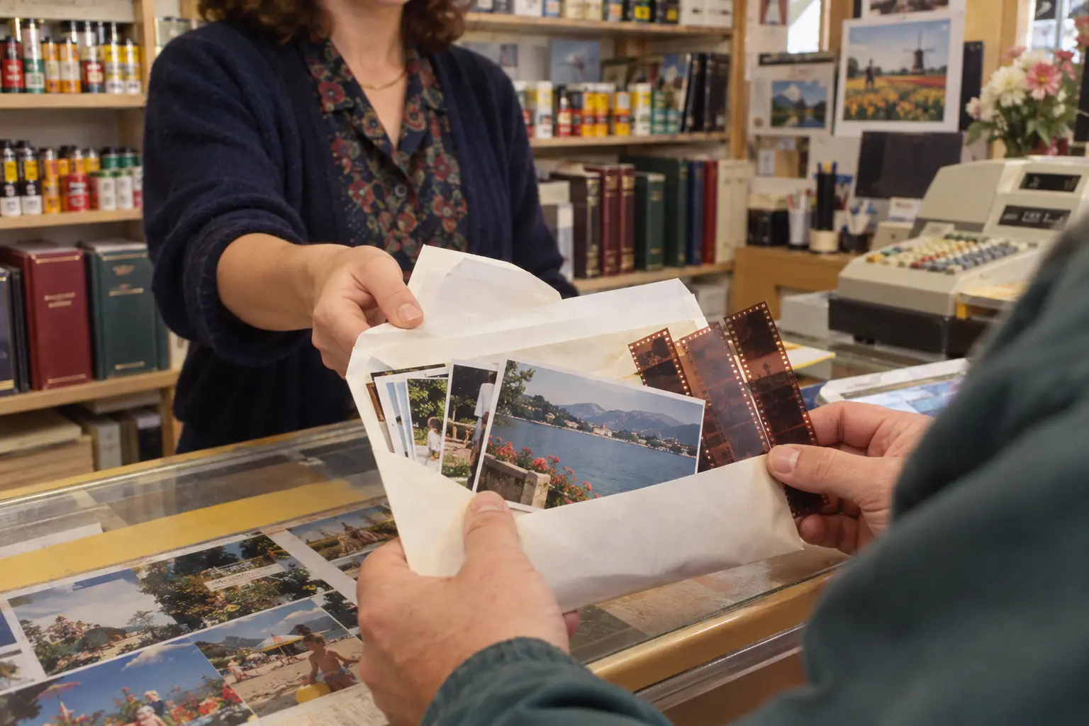 Een klant ontvangt rond 1992 een envelop met fotoafdrukken en stroken negatieven in een fotowinkel