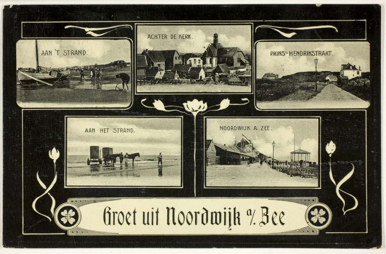 Echte ansichtkaart uit Noordwijk aan Zee met vijf afbeeldingen