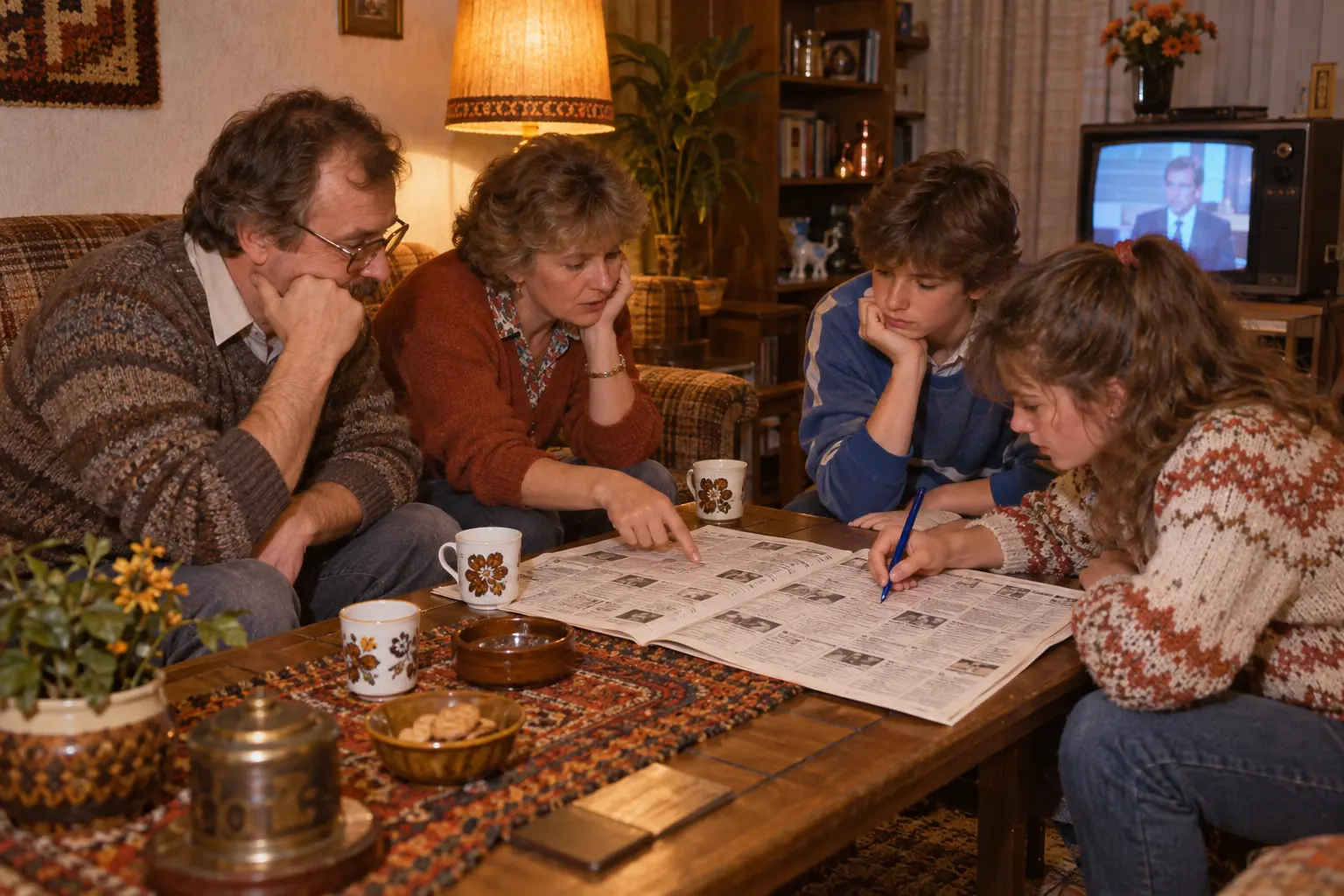 Een gezin bespreekt de televisieweek met een papieren omroepgids