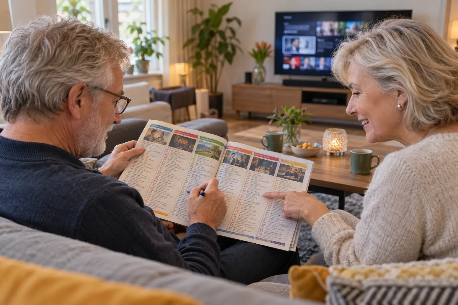 Een echtpaar gebruikt tegenwoordig nog een papieren televisiegids naast een moderne televisie