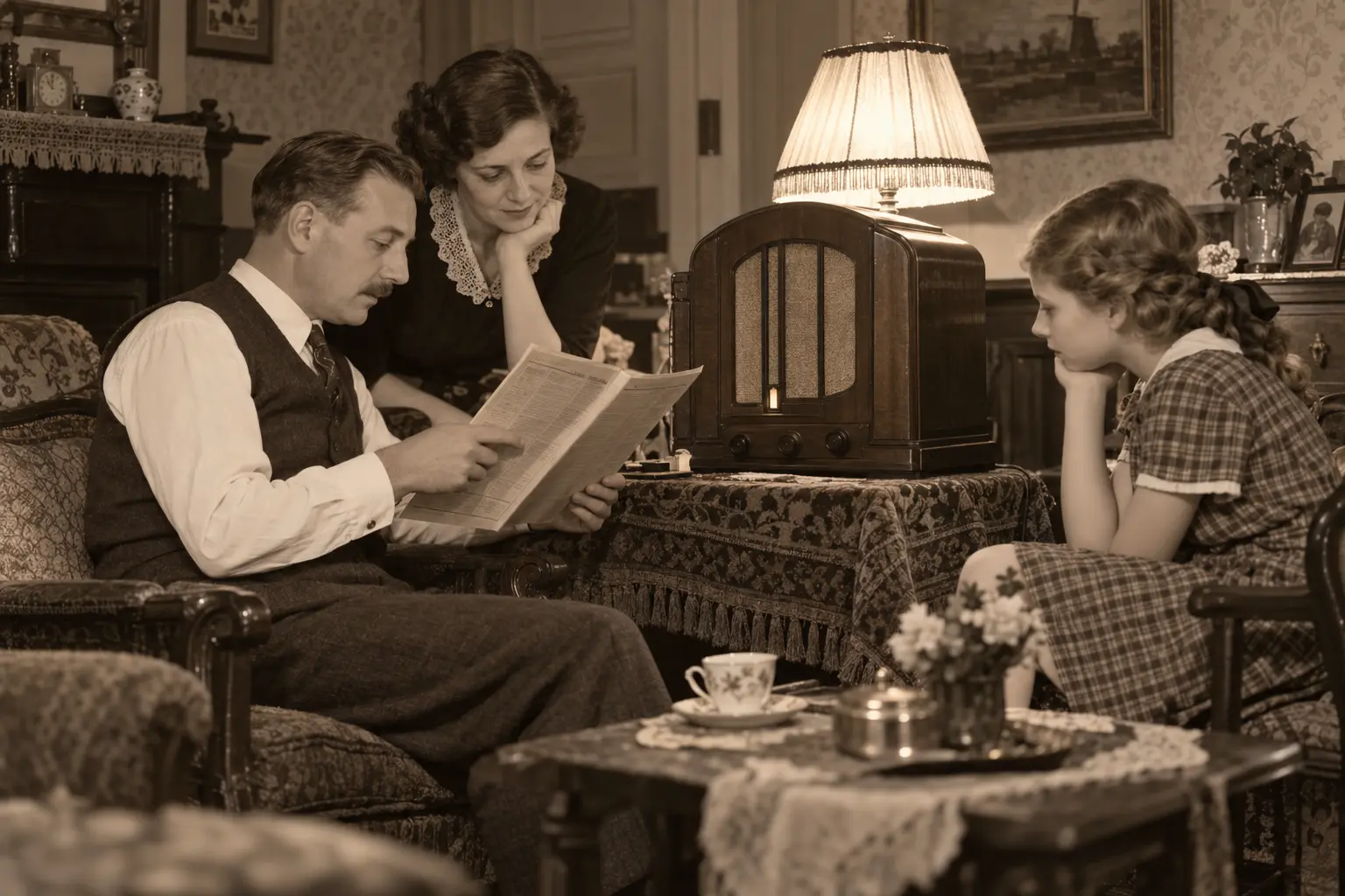 Een gezin volgt rond 1932 de radioprogramma’s in een papieren radiogids