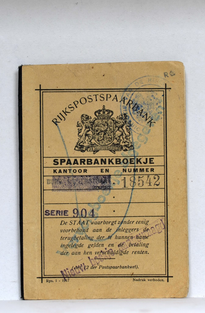 A Rijkspostspaarbank savings passbook, photographed in 2010. An example of saving with a passbook; this is not a Zilvervloot passbook.