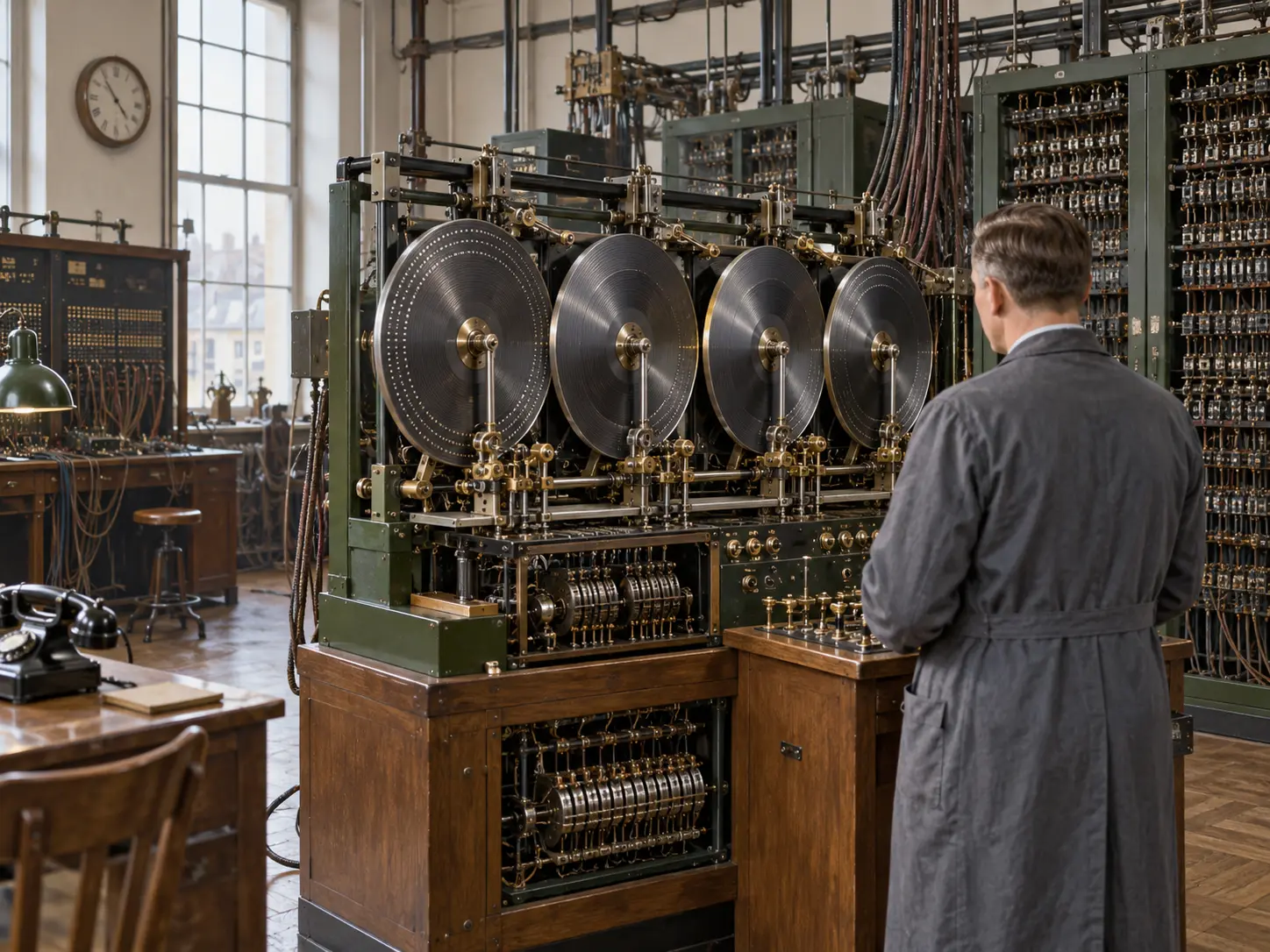 Historische impressie van een elektromechanische sprekende klok met draaiende schijven in een telefooncentrale