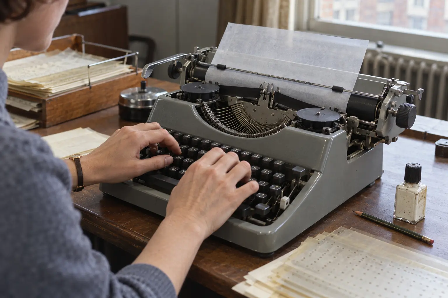 Een moedervel wordt rond 1965 op een schrijfmachine getypt