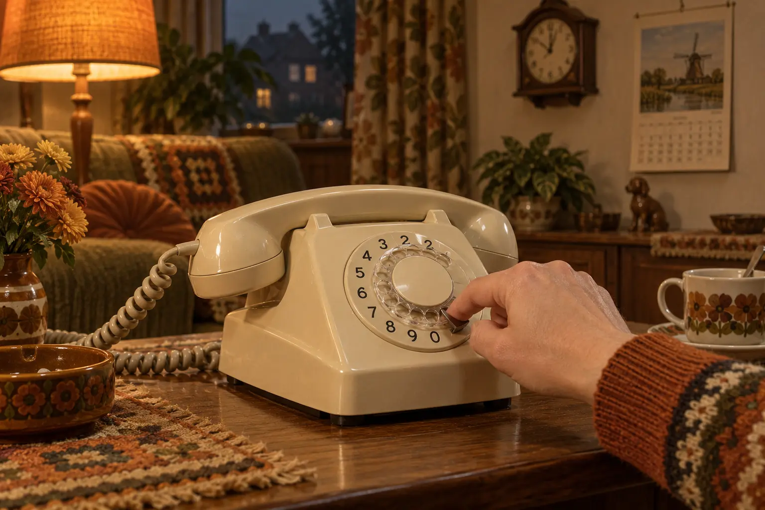 Beige draaischijftelefoon in een woonkamer uit de jaren zeventig