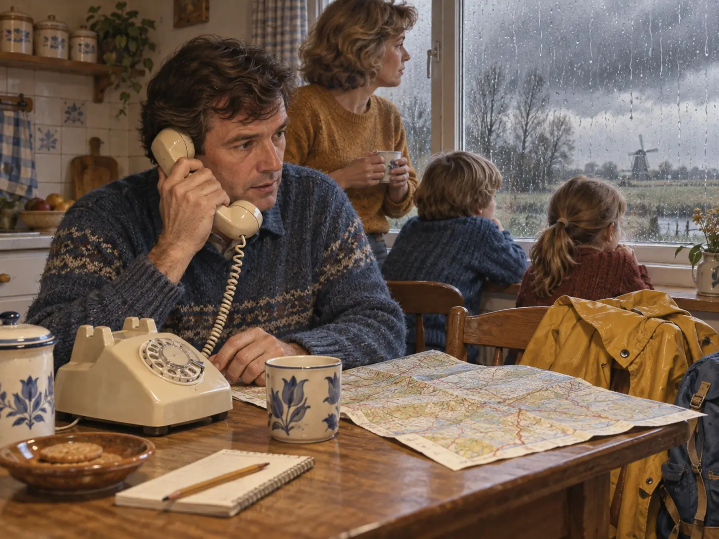 Een gezin luistert in een keuken uit de jaren tachtig via een draaischijftelefoon naar het weerbericht terwijl het buiten regent